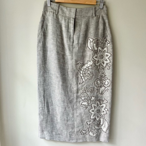 Lafayette 148 | Linen Floral Beaded Appliqué Pencil Skirt - Picture 1 of 5